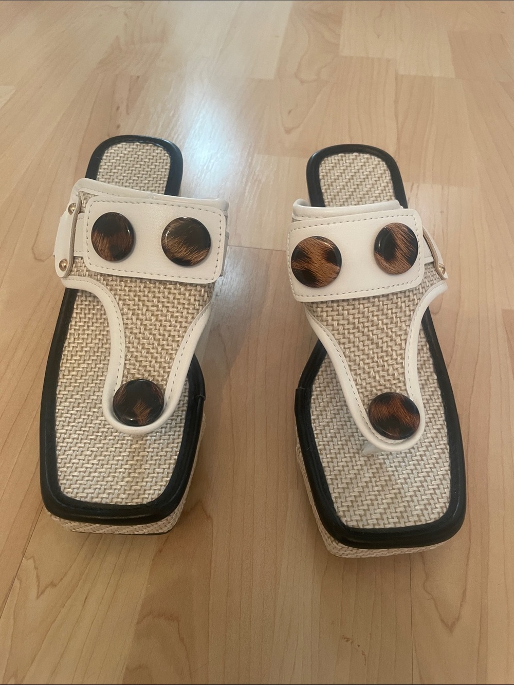 White Woven T-Strap Platform Sandals with Tortoiseshell Buttons